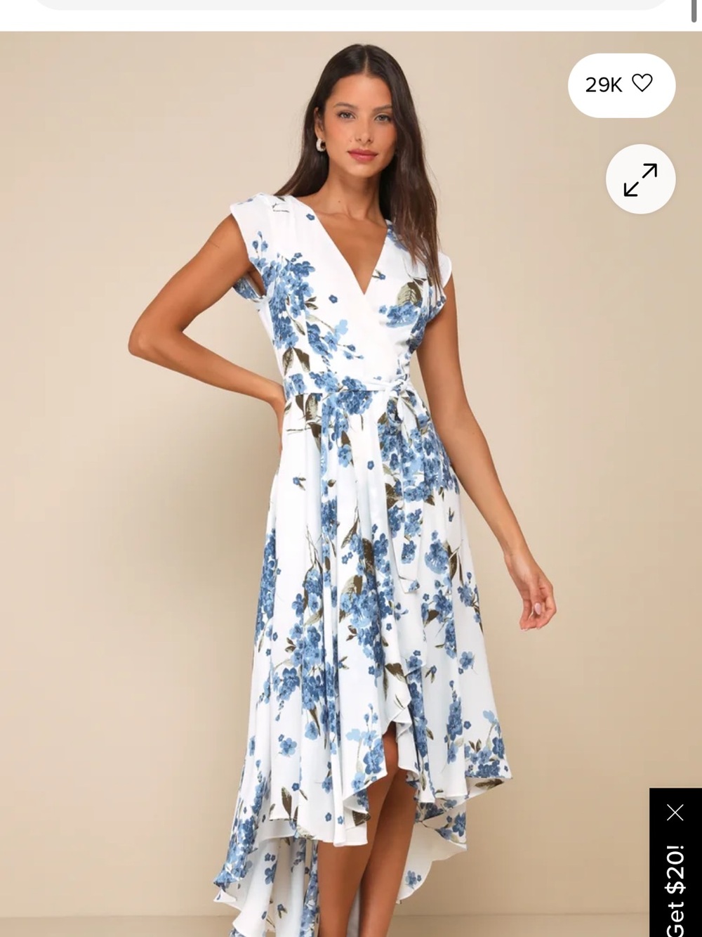 Lulu's White Floral Wrap Dress with Blue & Brown Accents